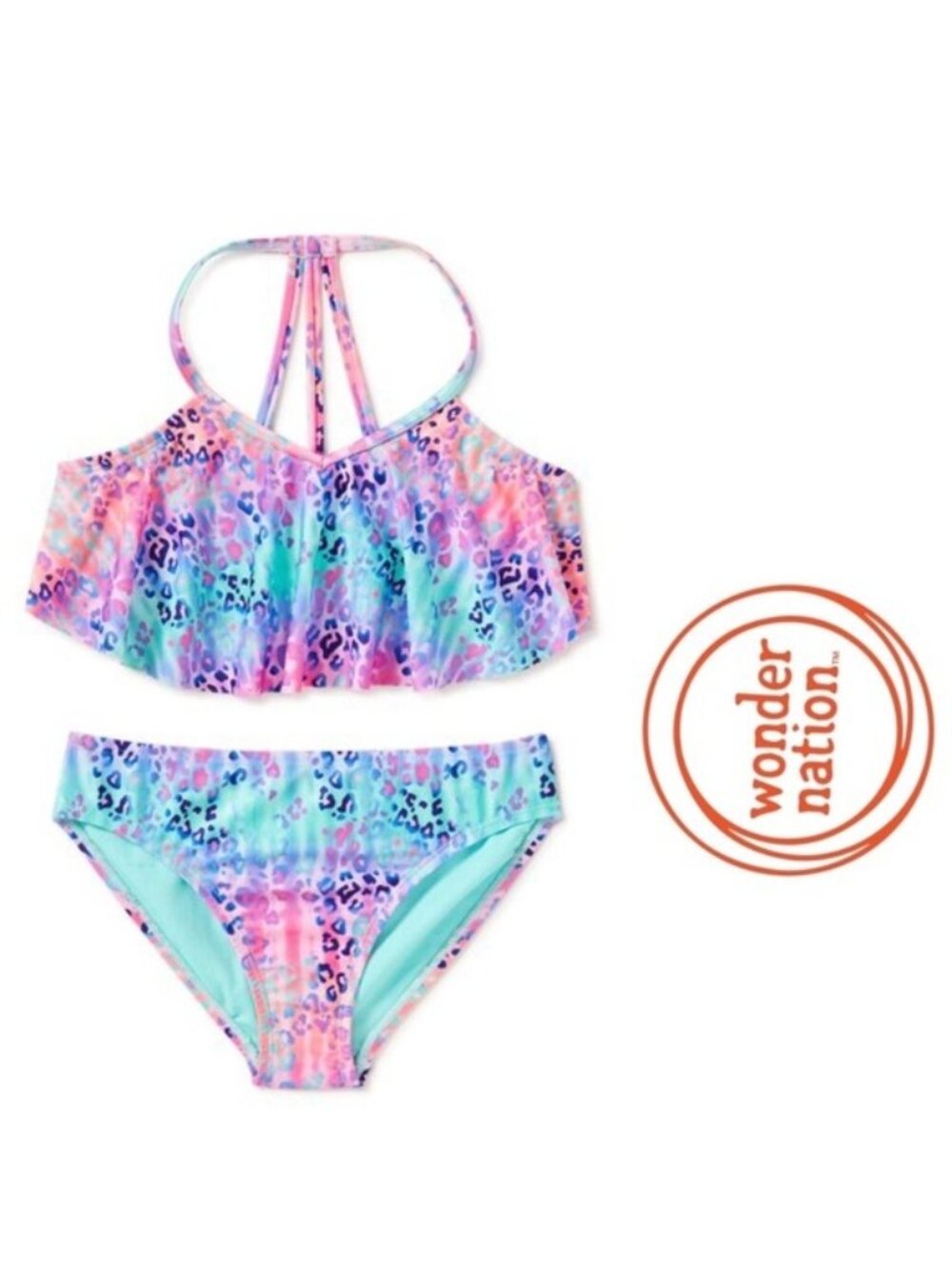 Wonder Nation | Pink and Blue Ombre Cheetah Print Flounce Bikini Set | Size 7/8